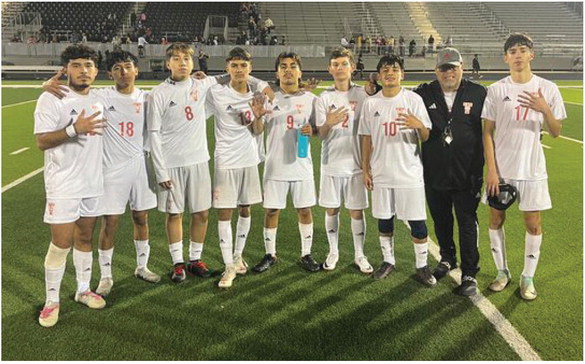 The Terrell Tigers celebrated their fifth district win of the season over the Forney Jackrabbits on the road Feb. 9. Photo courtesy of @terrell_soccer/X