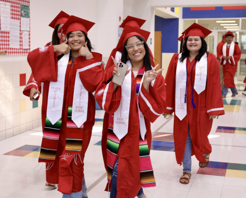 The Terrell High School Class of 2023 hit one of the final mileposts before participating in commencement exercises May 26, walking the halls of campuses from across the district May 22 as part of this year’s Senior Walk. The event serves multiple purposes, giving this year’s graduates an opportunity to reconnect with their roots while also giving students at younger grade levels see what the future has in store for them. Additional photos on 2-3A. Photos courtesy of Terrell ISD