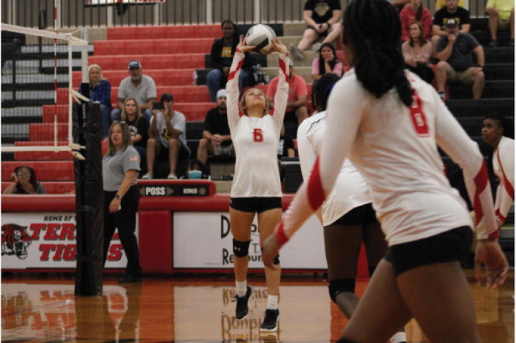 Cailor Martinez, pictured earlier during the season, and the Terrell Lady Tigers fell in straight sets to the Forney Lady Jackrabbits in district play Sept. 26 on the road. Photo by Bodey Cooper