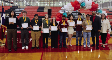 Terrell ISD announced their Top 10 during their Senior Honors Breakfast May 16. Pictured are Top 10 students Evelyn Aviles (from left), Colton Kohls, Antonio Armendariz, Grace Crabtree, Gage Soule (not pictured), Kaylee Roseberry, Luis Velazquez, Ava Foren, Salutatorian Jesus Almanza and Valedictorian Jhovanny Alcantara. Photo courtesy of Aimy Martinez