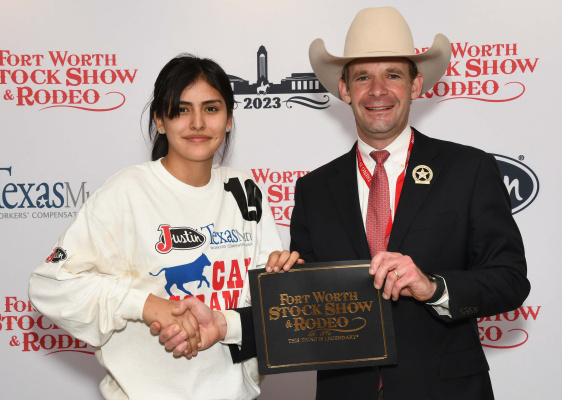 Marysol Banales won a $500 purchase certificate toward a beef or dairy heifer for a 4-H or FFA project for exhibition at next year’s Fort Worth Stock Show &amp; Rodeo. The certificate, presented by Stock Show Calf Scramble Committee member, Paxton Motheral, was sponsored by El Coyote Ranch - Encino, TX. Courtesy photo