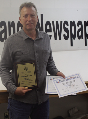 Van Zandt Newspapers L.L.C. Graphic Designer Tim Ball was recognized for his accomplishments in advertising as he received recognition recently from the North and East Texas Press Association (NETPA). The Canton Herald, Van Zandt News, and The Terrell Tribune, all published by Van Zandt Newspapers L.L.C., received numerous NETPA awards overall during the 97th annual NETPA convention in Nacogdoches held April 27-29. Photo by David Barber