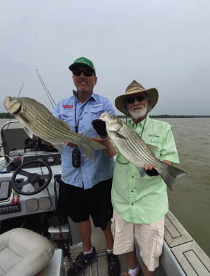 Striper fishing is shut down at Lake Texoma due to high water, but guides Chris Carey (left) and Bill Carey are putting their clients plenty of hybrid striper and white bass action on another lake. Photo by Luke Clayton