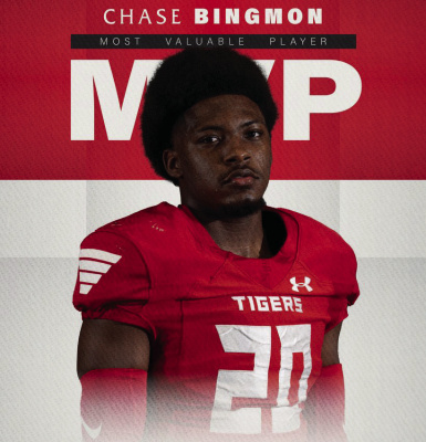 Terrell Tigers senior running back Chase Bingmon receives Most Valuable Player for Week 1 against the Hallsville Bobcats. Bingmon finished with 189 yards on 26 carries and three rushing touchdowns. He also added one reception for 46 yards and a receiving touchdown in the 42-21 win overHallsville. Photo courtesy of Terrell Tigers Football Twitter