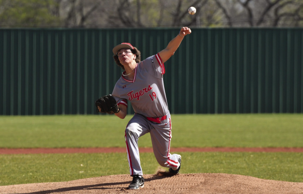 Jace Williams, pictured in an earlier game against Van, and the Terrell Tigers fell at home against the Midlothian Heritage Jaguars April 8. Photo by Klenke Sports Photos