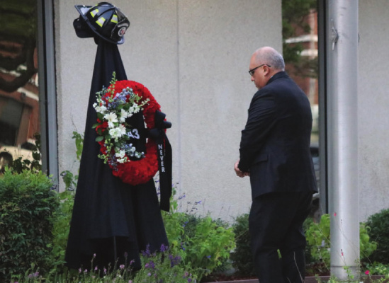 Terrell Mayor Rick Carmona laid a ceremonial wreath honoring the 343 fireman that lost their lives in the Sept. 11, 2001 terrorist attacks. PHOTO BY DAVID KAPITAN