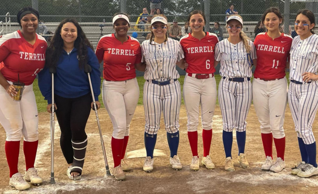 Senior student-athletes representing both the Terrell and Quinlan Ford softball programs joined together on the field following an 11-5 Lady Tiger victory April 19. Courtesy photo