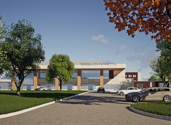 The renderings of the new Terrell State Hospital entry way and courtyard as the project is set to be complete in late 2027. Photos courtesy of KC Projects