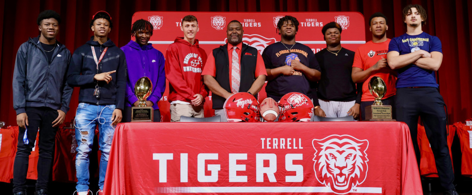 Eight different Terrell Tiger football standouts put pen to paper Feb. 8, signing their respective letters of intent to play at the collegiate level. Signers included: Preston Kilgore, Texas A&amp;M - Commerce; Colton Brunke, Henderson State; Troy Brown, Trinity Valley Community College, Josh Nwankpa, Florida Memorial University; Kanye Nix, Midwestern State University; Montae Kennedy, Cisco College; Kylon Holmes, Iowa Wesleyan; and Hearsey McCrady, Iowa Wesleyan. Courtesy photo