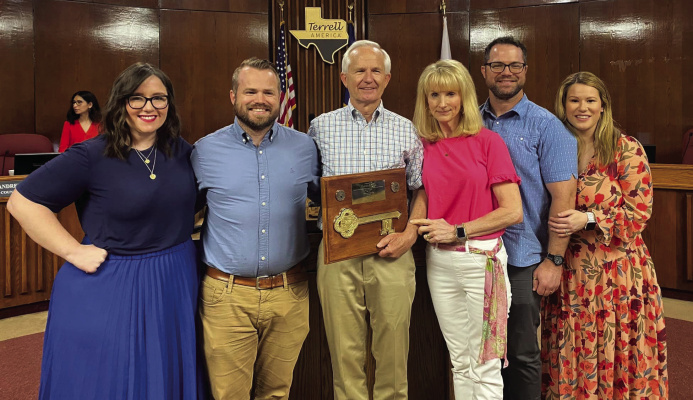 Former Terrell Mayor and Kaufman County Judge Hal Richards was presented with the key to the city by Mayor Rick Carmona and the Terrell City Council June 6 for his years of public service and efforts to better the community. Courtesy photo