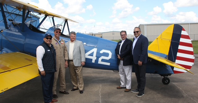 City of Terrell Mayor Rick Carmona, Lt. Commander J. Phillip Webb, BFTS Board Chairman Bill Huthmacher BFTS Executive Director Patrick Hotard, His Majesty’s Consul General in Texas Richard Hyde were among those in attendance for a special ceremony marking the arrival of Old 42 at the No. 1 British Flying Training School Museum. Courtesy photo