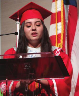 Karen Acevedo gives the Salutatorian’s Address during the June 4 graduation ceremony at the Jamie Foxx Performing Arts Center. More than 300 graduates were handed diplomas during the evening. HANK MURPHY PHOTO