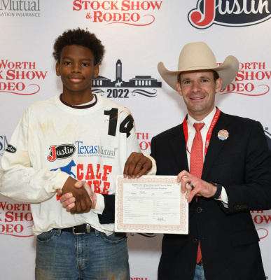 Ahmad Rhodes won a $500 purchase certificate toward a beef or dairy heifer for a 4-H or FFA project for exhibition at next year’s Fort Worth Stock Show &amp; Rodeo. The certificate, presented by Stock Show Calf Scramble Committee Chairman Paxton Motheral, was sponsored by Mary Martha Richter. Courtesy photo