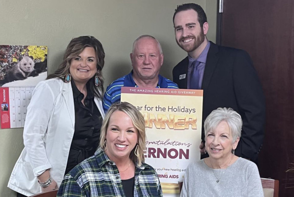 Vernon Smith, winner of the ‘Hear for the Holidays’contest, is fitted for new hearing aids at Livingston Hearing Aid Center on Monday, Dec. 16 in Terrell. Smith (back, middle) is pictured with Hearing Specialist Ashley Murray (back, left) and Dr. Hunter Gerhart, Director of Audiology. Vernon is also joined by his daughter Alicia (bottom, from left) and wife Sandra, who entered Vernon into the contest. Photo by Bodey Cooper