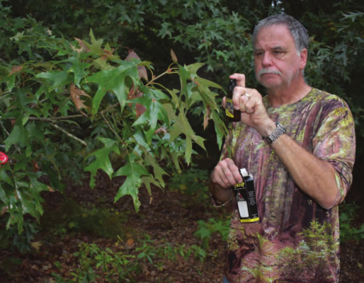 Jeff Rice spraying an overhanging limb with scent from TRHP Outdoors to create a mock scrape. PHOTO BY LUKE CLAYTON