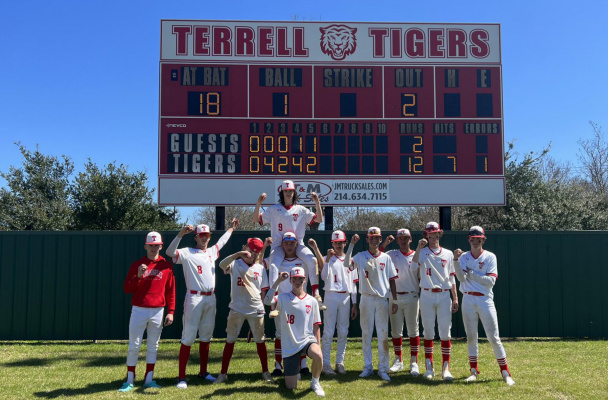 Daylor Blasius (9) twirled a no-hitter in Terrell’s 12-2 rout of Chapel Hill March 19. In addition to his dominant pitching performance, Blasius also helped his own cause at the plate going 1/3 with two stolen bases and an RBI. Courtesy photo