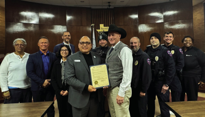 Terrell Mayor Rick Carmona and staff presented Terrell Police Chief Arley Sansom and the Terrell Police Department with a Mayoral Proclamation in honor of National Law Enforcement Appreciation Day on Tuesday, Jan. 7. Photo courtesy of City of Terrell