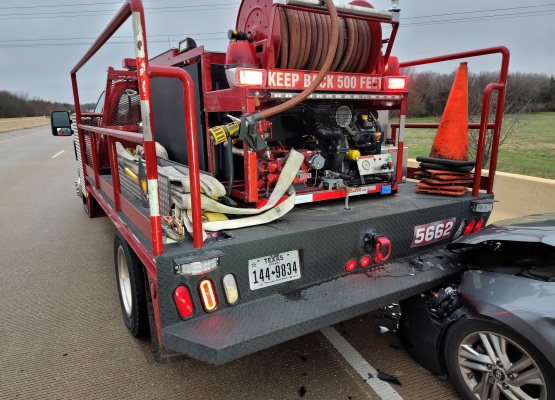 A brush truck used by the Terrell Volunteer Fire Department received moderate damage Jan. 30 after responding to multiple accident calls along Highway 34. The incident occurred when a driver traveling too fast lost control due to the icy conditions, striking one vehicle that ultimately made contact with the rear of the brush truck. No injuries were reported as a result of the accident. Photo courtesy of the Terrell VFD Facebook page