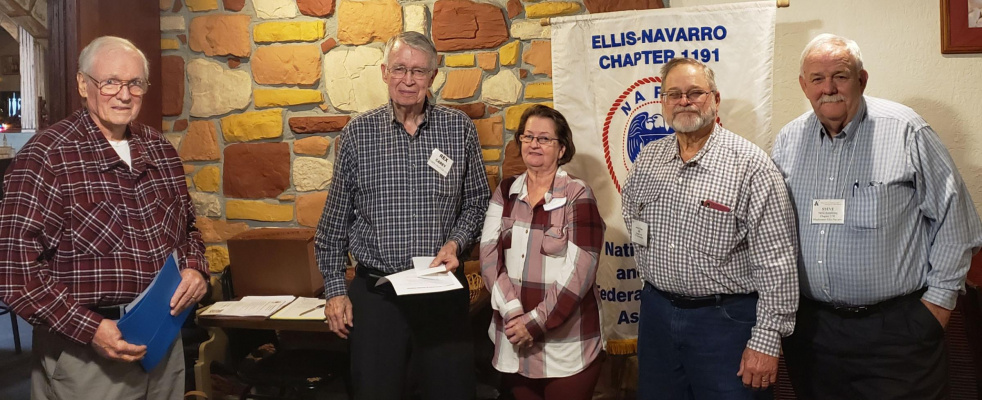 Dewey LaRochelle, NARFE Dist. 3 Rep, with newly elected NARFE chapter officers for 2022: Rex Carey, Pres. from Midlothian; Rebecca Jones, Treas. from Corsicana; James Patak, 2nd VP from Ennis; and Steve Armstrong, 1st VP from Waxahachie. Courtesy photos