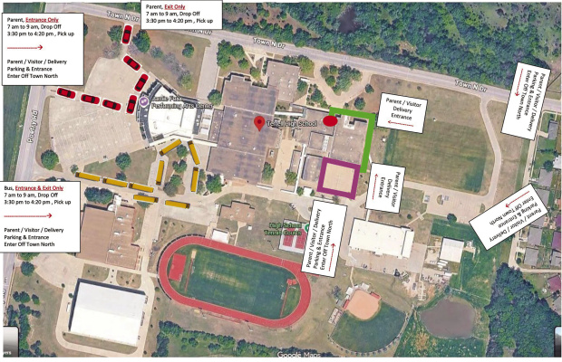 The diagram of phase one of a bond-related construction project will lead to new traffic flow patterns and the relocation of the main entrance at Terrell High School from Aug. 1 through Nov. 1. Photo courtesy of Terrell High School