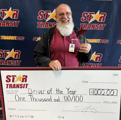 Brock Vawter was recognized as STAR Transit’s 2022 Driver of the Year during the company’s Employee Appreciation Week. In addition to being presented with a trophy, Vawter also received a $1,000 bonus check. Courtesy photo