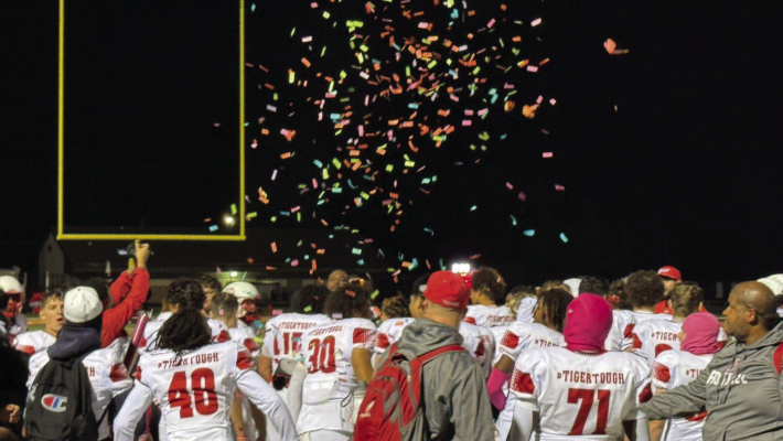 The Terrell Tigers celebrate their win over the Crandall Pirates on Oct. 31 as they move to a perfect 9-0 on the regular season. Photo courtesy of Terrell ISD