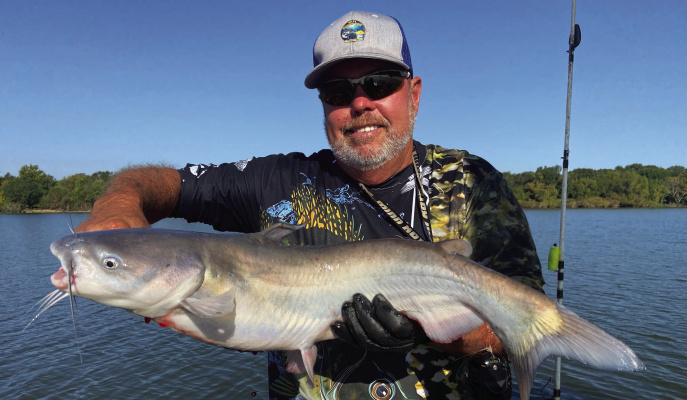 Lake Tawakoni guide Tony Pennebaker shows off one of many blue catfish he landed on a trip last week. The ‘big fish’ fall bite is getting underway. Photo by Luke Clayton