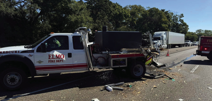 An Elmo FD truck was struck while blocking the right lane of I-20 for a vehicle that ran out of gas Saturday, Sept. 28. Photos courtesy of Elmo Fire Department