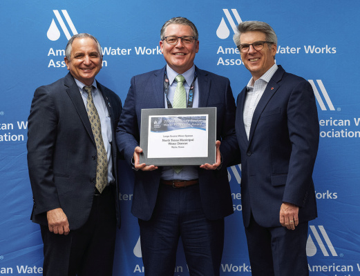The North Texas Municipal Water District was recognized by the American Water Works Association as the recipient of its 2023 Exemplary Source Water Protection Award for Large Water Systems. Those present for the recognition ceremony included: Joe Jacangelo, AWWA President; Zeke Campbell, NTMWD Assistant Deputy Water Treatment and Conveyance; and David LaFrance, AWWA CEO. Courtesy photo