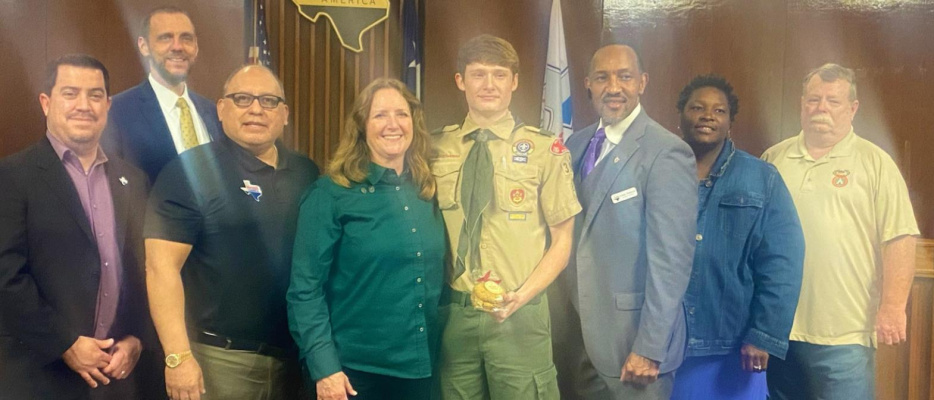 Asher Baird (center), was recognized for completing his Eagle Scout project at the March 1 Terrell City Council meeting at City Hall. Baird, pictured with his mom Connie, painted the gazebo at Ben Gill Park as his project. Recognizing him were (from left) council member Tim Royse, City Manager Mike Sims, Mayor Rick Carmona, council member Grady Simpson, Deputy Mayor Pro Tem Stephanie Thomas and Troop 390 Assistant Scout Master Don Lindsey. Courtesy photo
