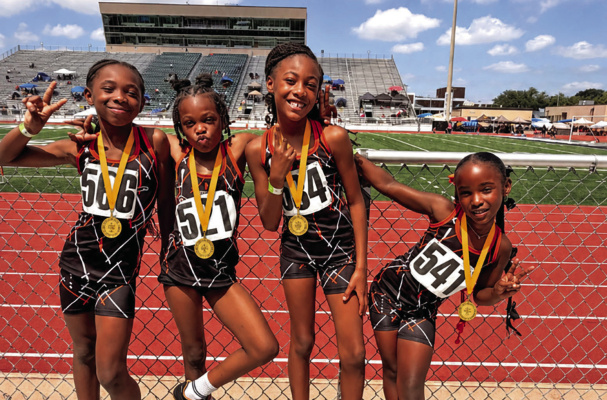 The Eight and Under Girls 4x100 Members Amarie Williams (left to right), Dream Cosby, Indya Marks and Sarai Nzeakor set a new Regional record at the TAAF Region 7 meet July 10-11 at Midlothian Heritage High School. Photo courtesy of Keith Willis