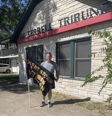 U.S. Army Veteran John Mumby is currently walking across Texas, from Waskom to Ft. Bliss in El Paso, to raise funds and awareness for Gulf War Illness. As part of that journey, Mumby recently made a stop in Terrell and to the Tribune office. Photo by Mary Dlabaj