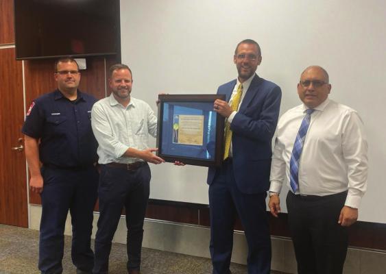 The Terrell City Council honored Public Health Official Dr. Ben Brashear (second from left) during the July 27 City Council meeting. Pictured with Dr. Brashear were (from left) Emergency Management Coordinator Dustin Conner, City Manager Mike Sims and Mayor Rick Carmona. COURTESY PHOTO