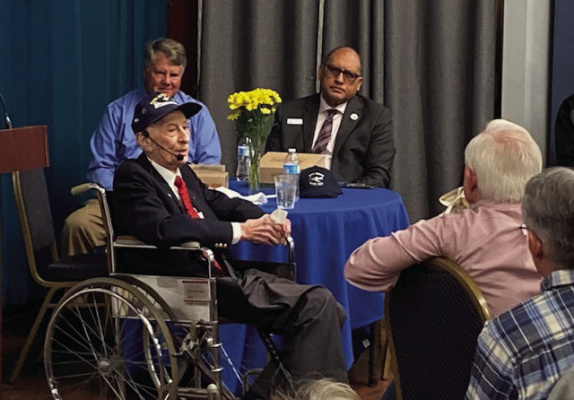 B-17 Pilot Major John “Lucky” Luckadoo along with BFTS Museum Board Chair Bill Huthmacher and Terrell Mayor Rick Carmona. Photo courtesy of Liz Oliphant