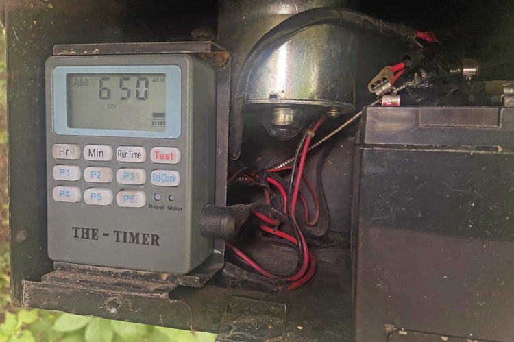 A quality timer is a must on any game feeder. With the invention of “The Timer” pictured here, the guesswork of ‘when’ a feeder throws corn was solved. Photo by Luke Clayton