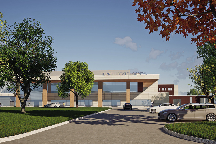 The renderings of the new Terrell State Hospital entry way and courtyard as the project is set to be complete in late 2027. Photos courtesy of KC Projects