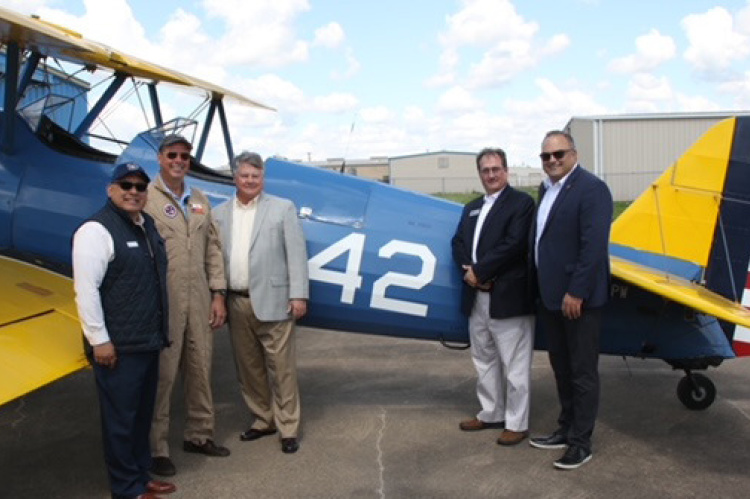 City of Terrell Mayor Rick Carmona, Lt. Commander J. Phillip Webb, BFTS Board Chairman Bill Huthmacher BFTS Executive Director Patrick Hotard, His Majesty’s Consul General in Texas Richard Hyde were among those in attendance for a special ceremony marking the arrival of Old 42 at the No. 1 British Flying Training School Museum. Courtesy photo