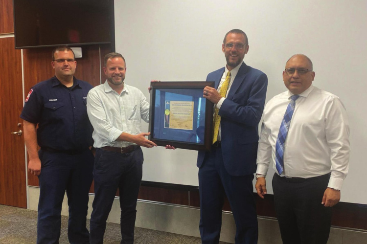 The Terrell City Council honored Public Health Official Dr. Ben Brashear (second from left) during the July 27 City Council meeting. Pictured with Dr. Brashear were (from left) Emergency Management Coordinator Dustin Conner, City Manager Mike Sims and Mayor Rick Carmona. COURTESY PHOTO