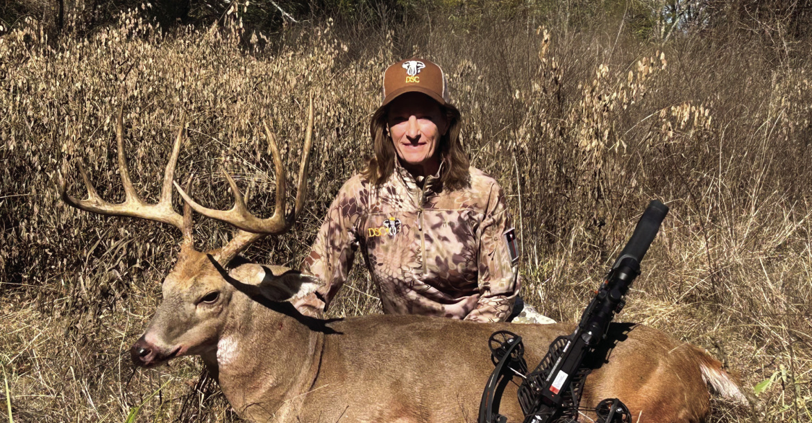 Carol Little with a fine buck she took last week at the Choctaw Hunting Lodge in southeast Oklahoma. Carol and her husband Mark bought the hunt through an auction at the Dallas Safari Club. The Choctaw Nation is a strong supporter of DSC and shows support through donating hunts such as this. Photo Courtesy of Luke Clayton